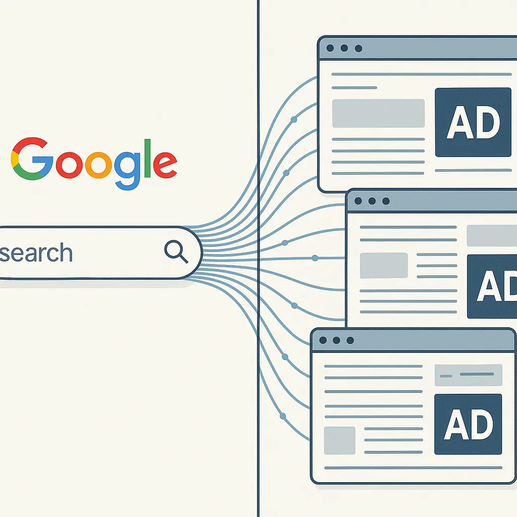 Split screen showing a Google search bar on one side and targeted ads appearing on websites on the other side, connected by glowing data streams
