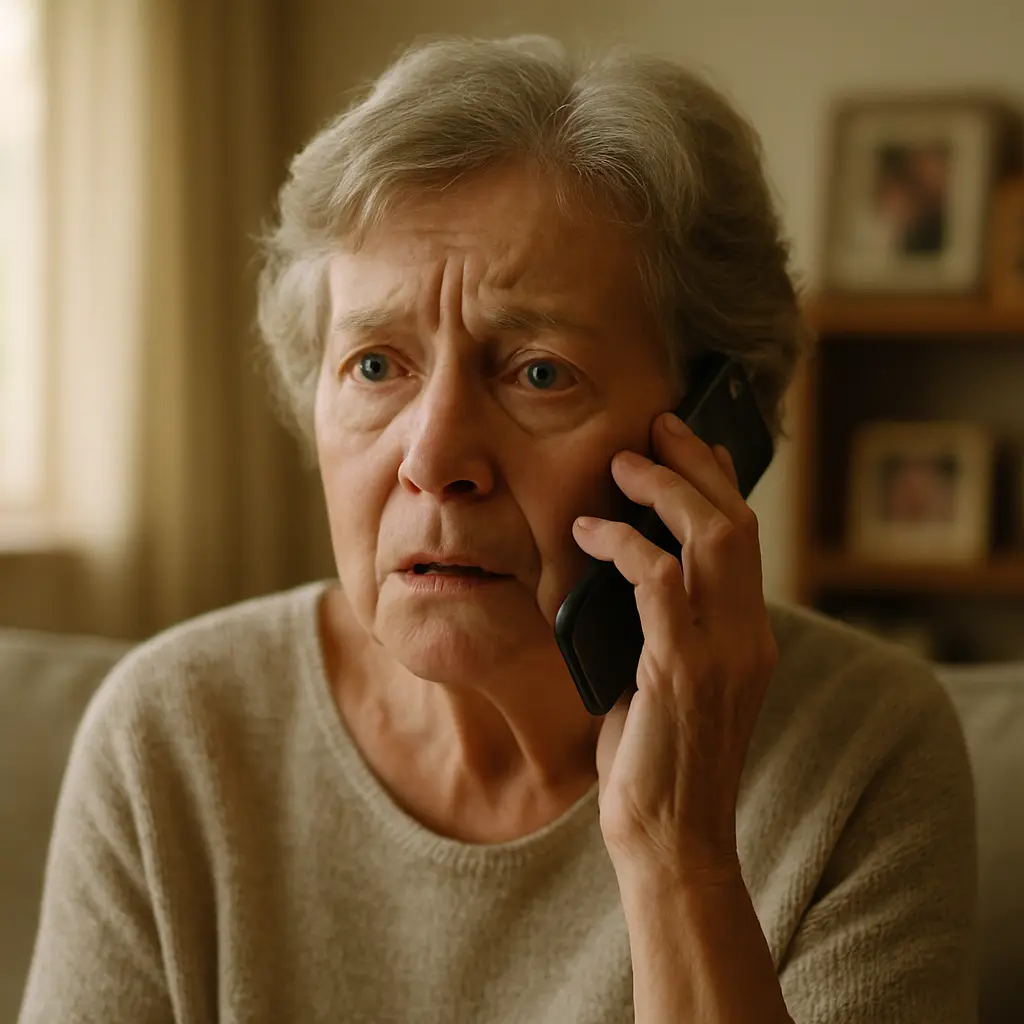 An older adult holding a phone with a distressed expression, representing the emotional manipulation at the heart of grandchild emergency scams