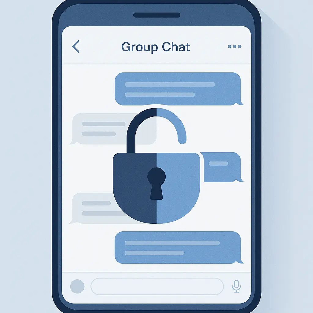 Smartphone screen showing a group chat interface with a padlock icon overlay, representing encryption and privacy in messaging
