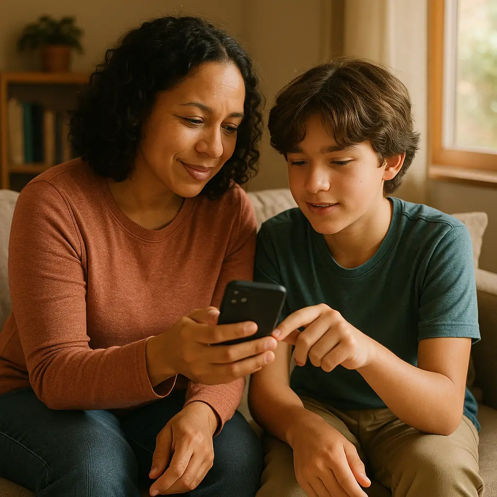 Parent and child looking at phone screen together in conversation
