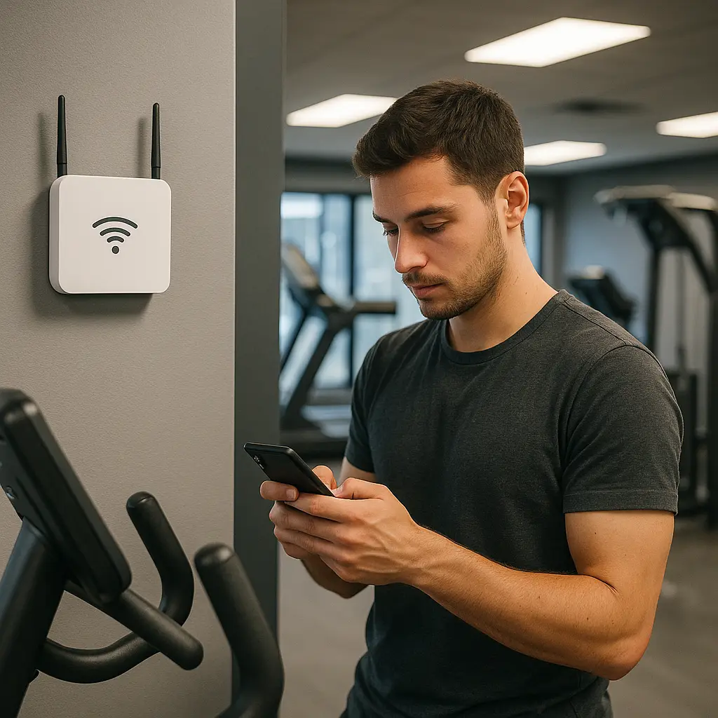 Gym member checking phone security settings while sitting on workout bench