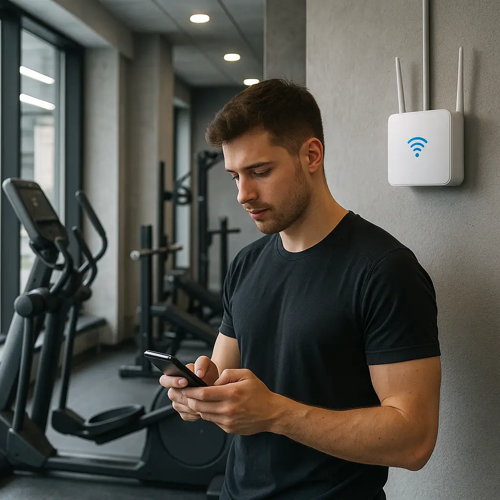 Person on treadmill with phone displaying WiFi connection screen, gym equipment visible in background