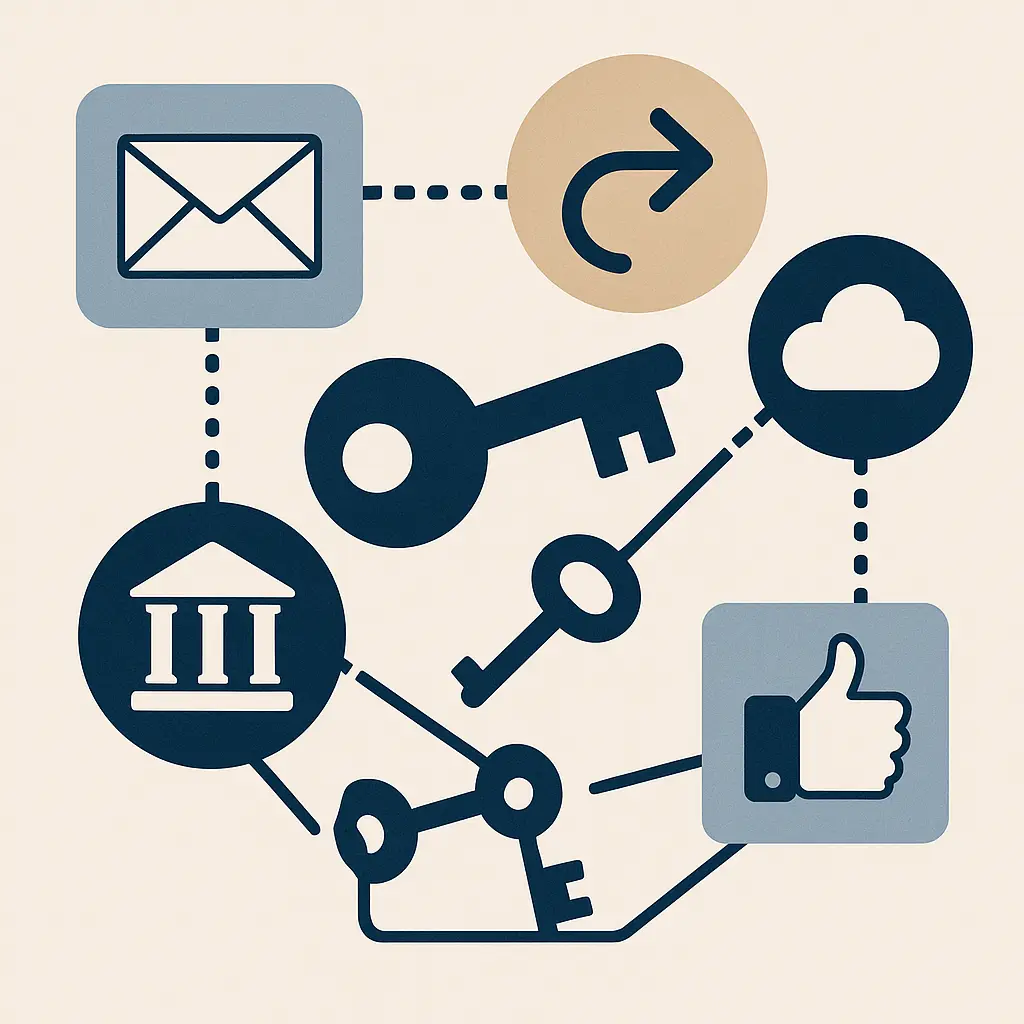 Illustration of a secure vault with family members accessing digital accounts through documented estate planning