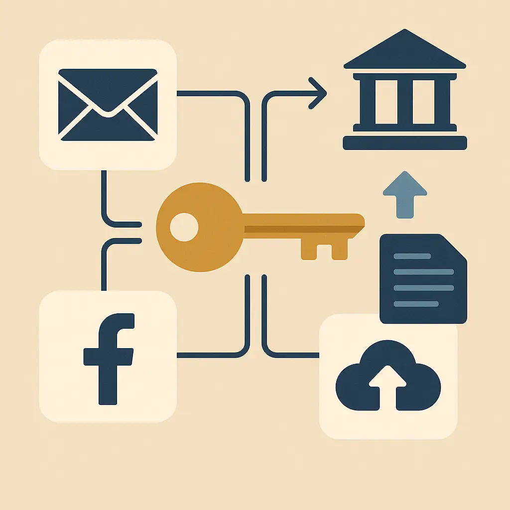 Illustrated diagram showing connected account icons with a symbolic key and transfer arrow representing digital estate planning