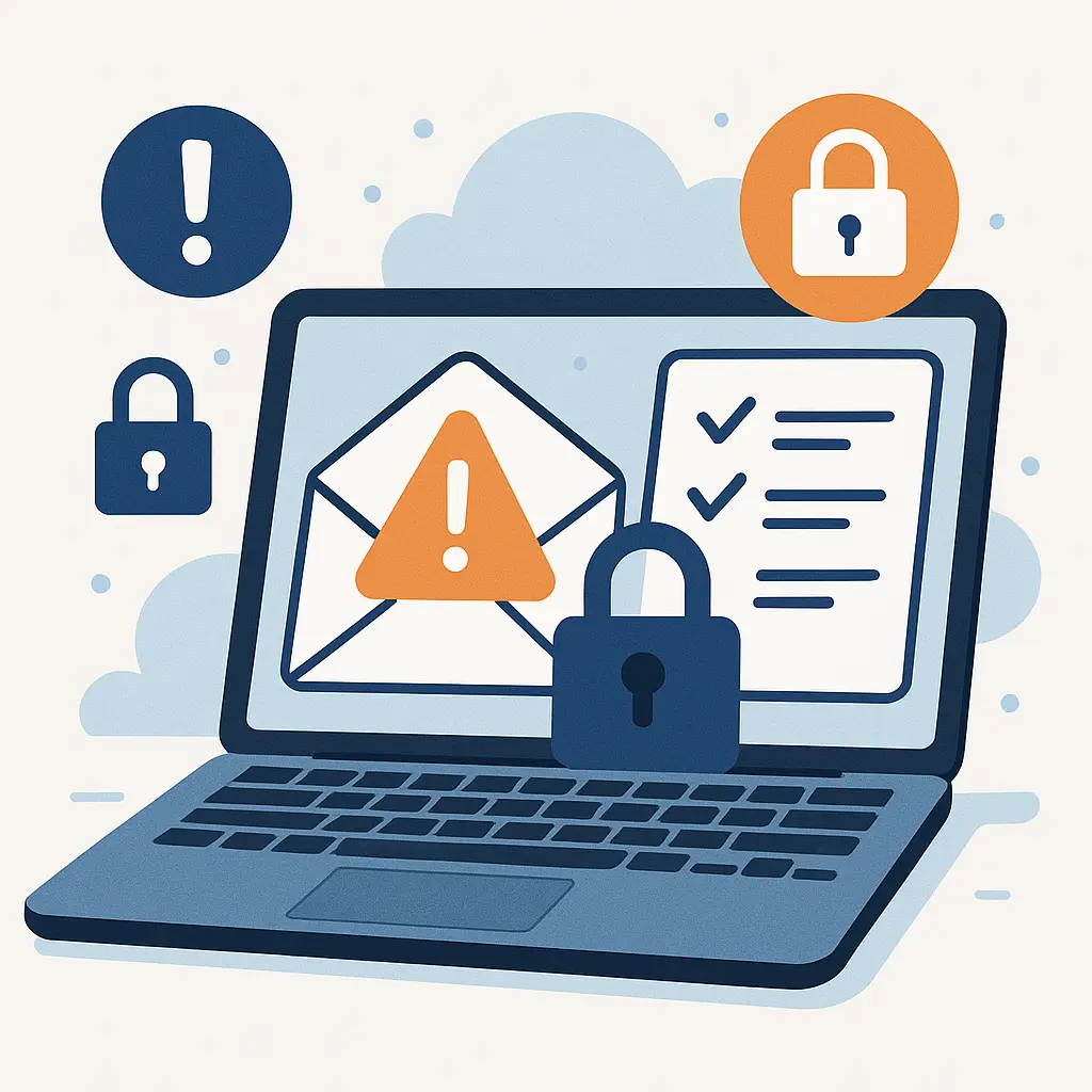Checklist showing completed email security steps including password change, 2FA activation, and recovery options configured