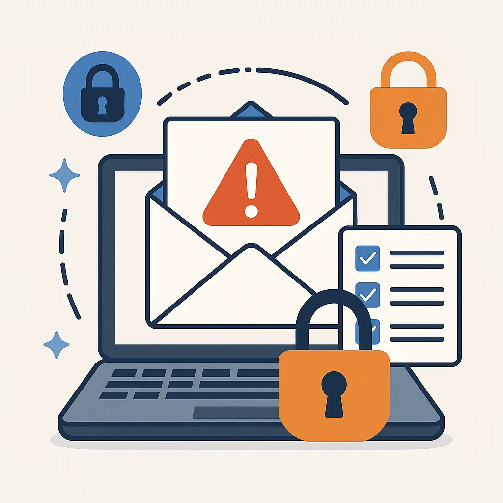 Illustration of a laptop screen showing an email inbox with warning symbols and a lock icon, representing email account compromise and security recovery