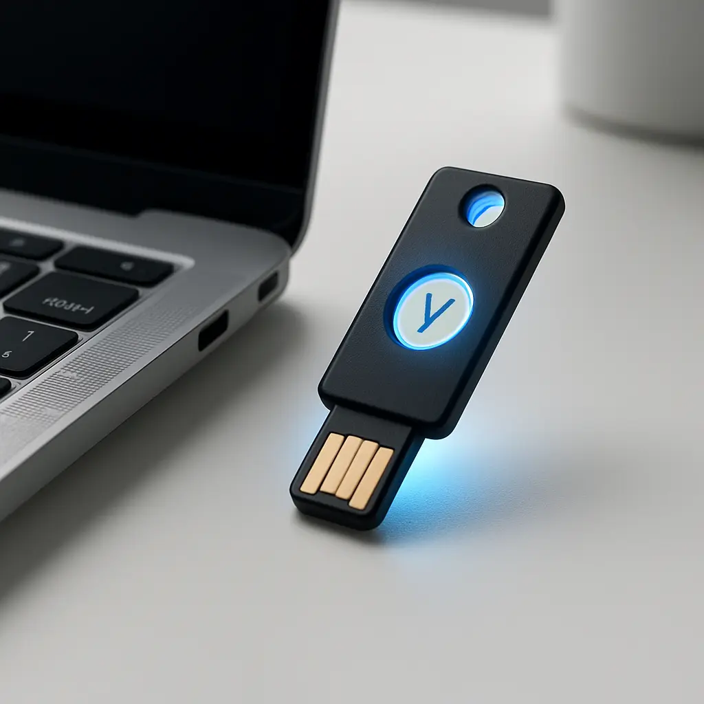 A YubiKey USB security key inserted into a laptop port with a subtle glow indicating authentication in progress