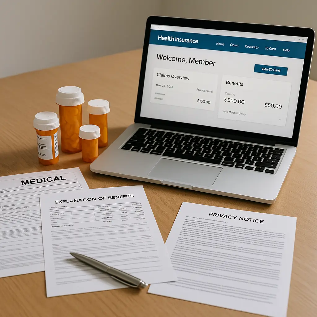 Person reviewing health insurance privacy notice with highlighted sections on data sharing policies