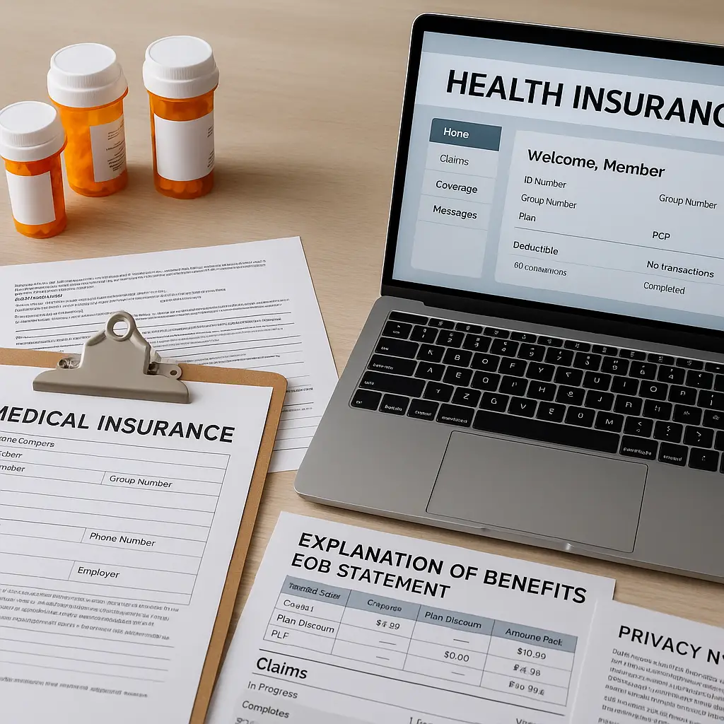 Medical claim forms and prescription bottles arranged on a desk with a laptop displaying insurance portal login screen