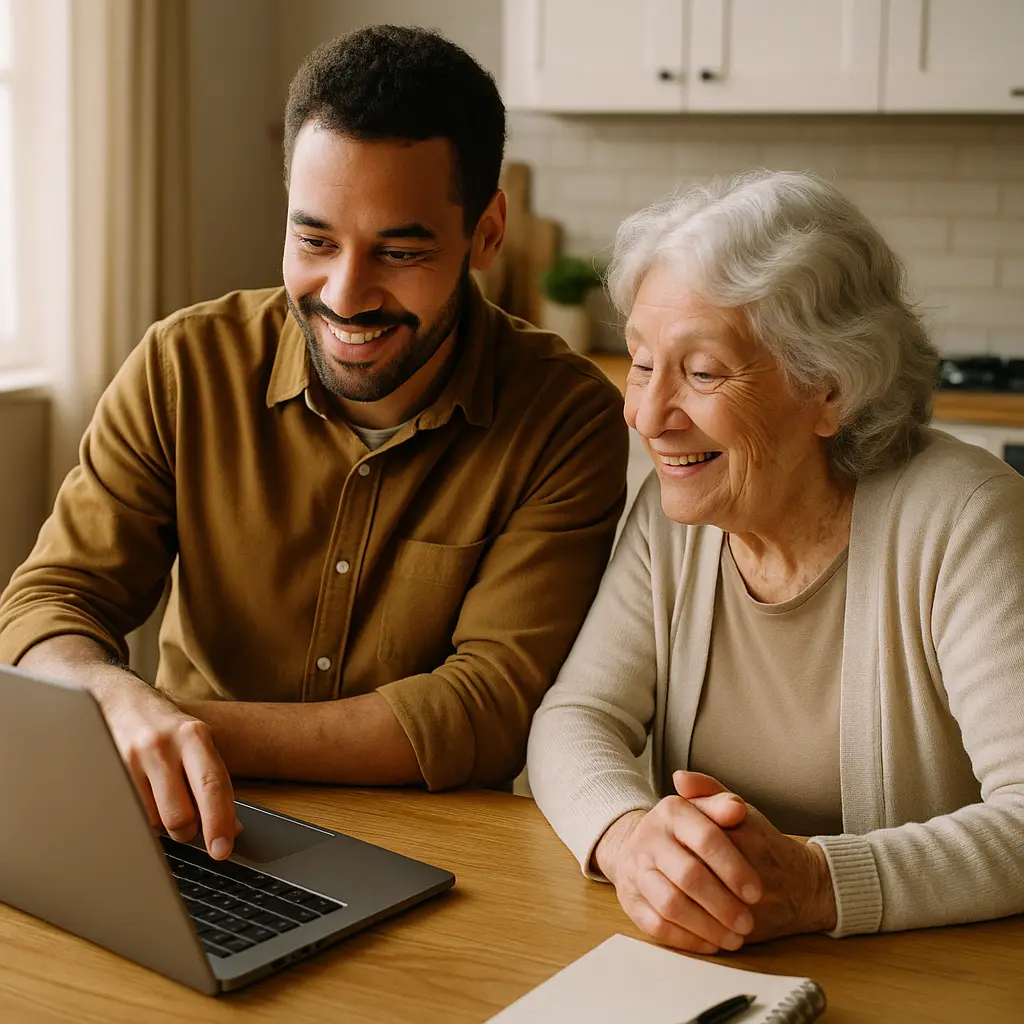 Adult child helping elderly parent with laptop password management at kitchen table