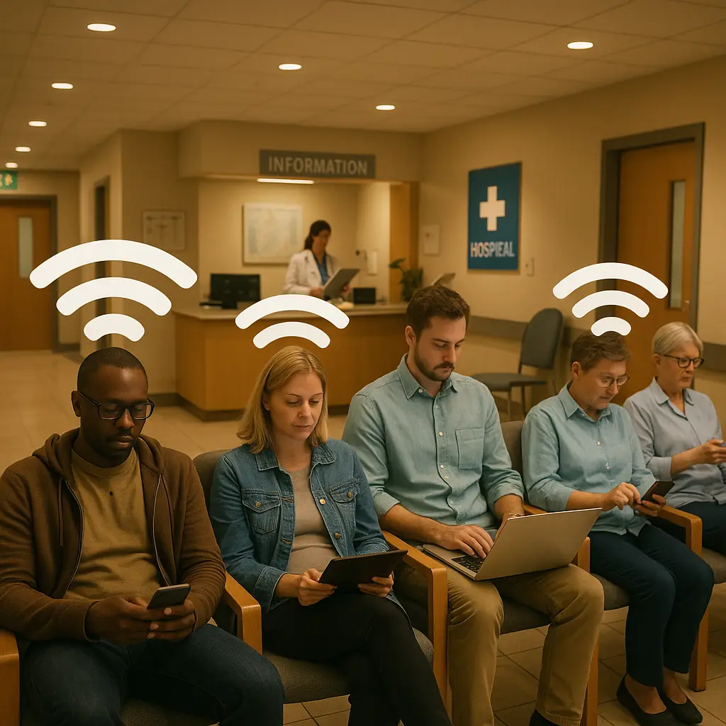 Hospital corridor with WiFi signal indicators, representing secure connectivity in healthcare settings