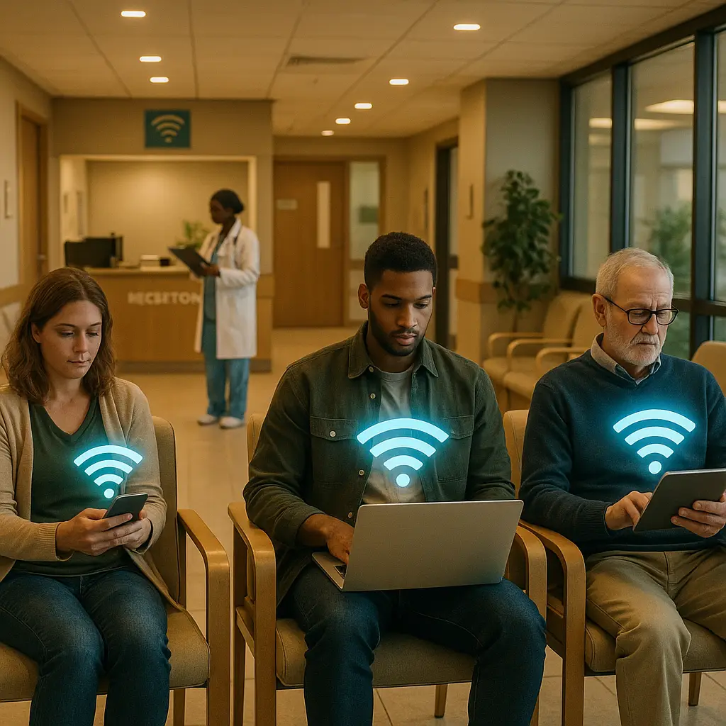 Hospital visitor connecting to WiFi in a waiting room, phone screen showing network selection