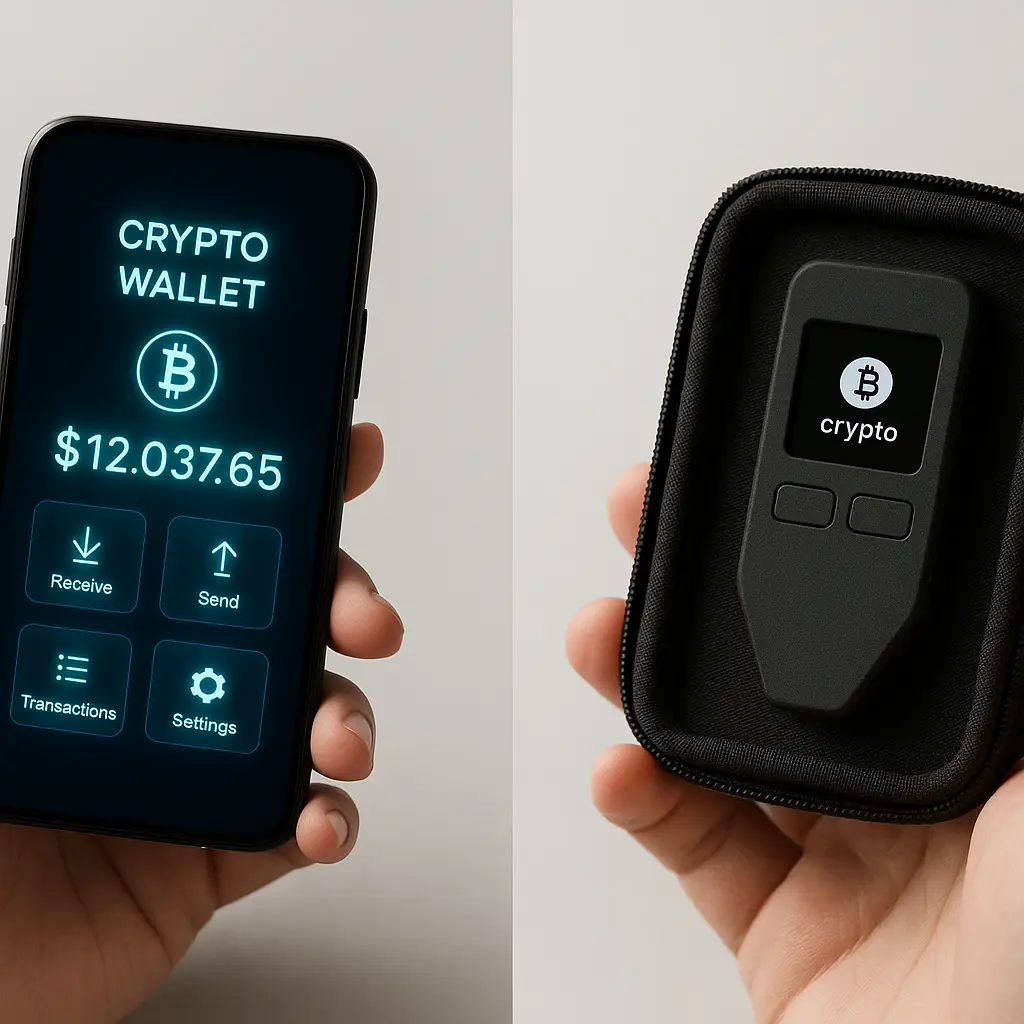 A hardware wallet device secured in a small safe, representing offline cold storage protection for cryptocurrency holdings