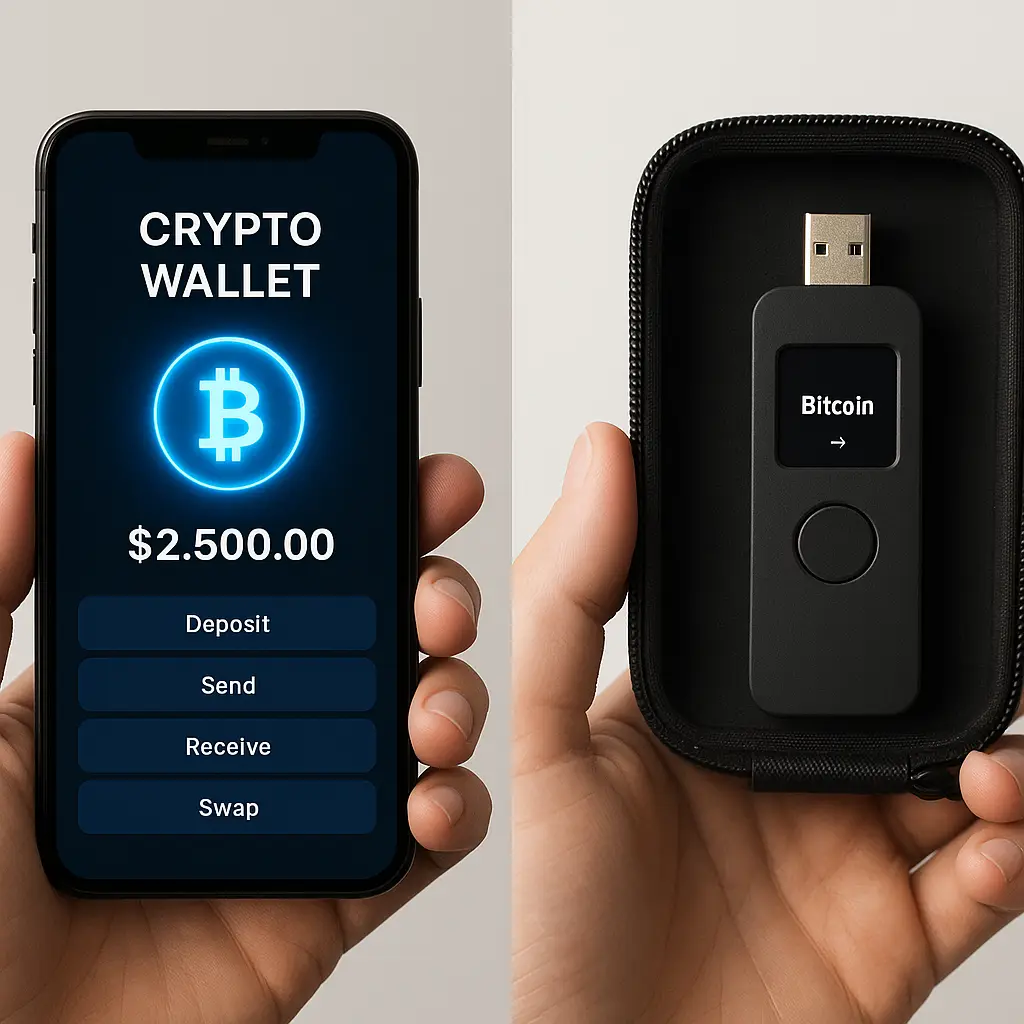 A smartphone displaying a crypto wallet app sits next to a physical hardware wallet device on a desk, illustrating the contrast between hot and cold storage methods