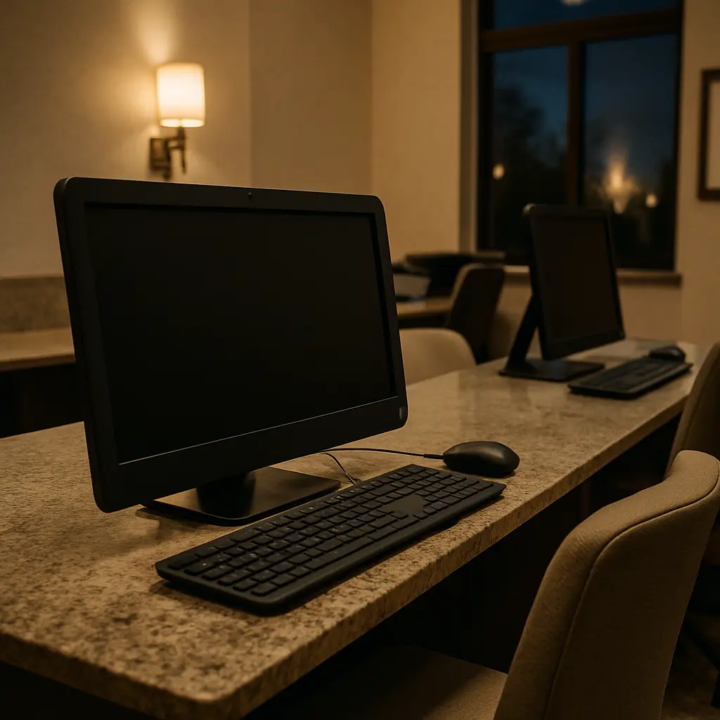 Traveler working on personal laptop in hotel lobby with coffee