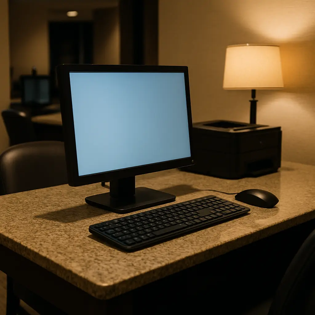 Shared hotel computer terminal with keyboard and monitor in dimly lit business center