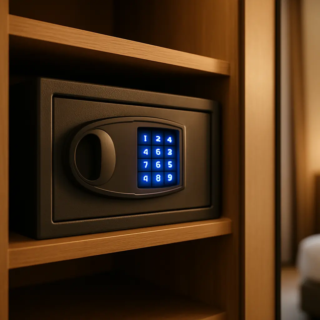 Passport and laptop secured in hotel safe drawer