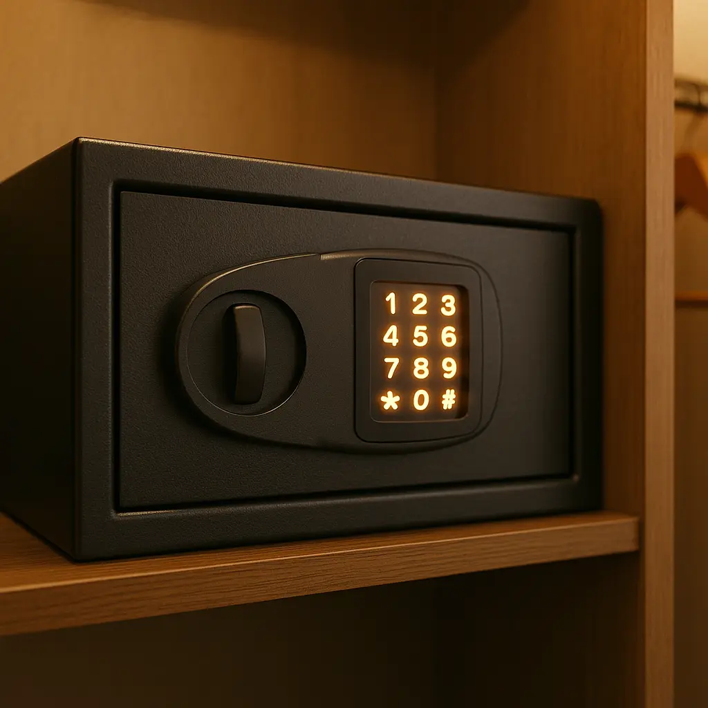 Electronic hotel safe mounted in closet with keypad illuminated