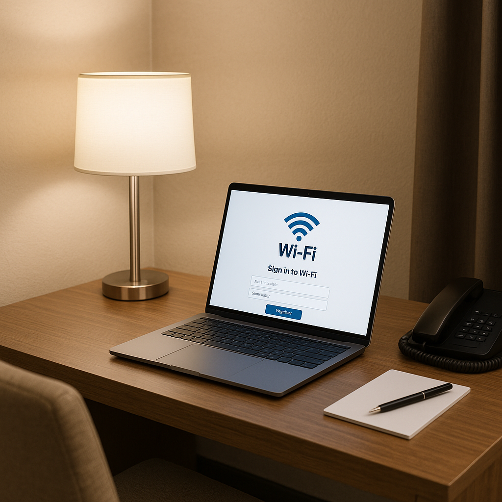 A secure connection icon overlaid on a hotel room workspace setup