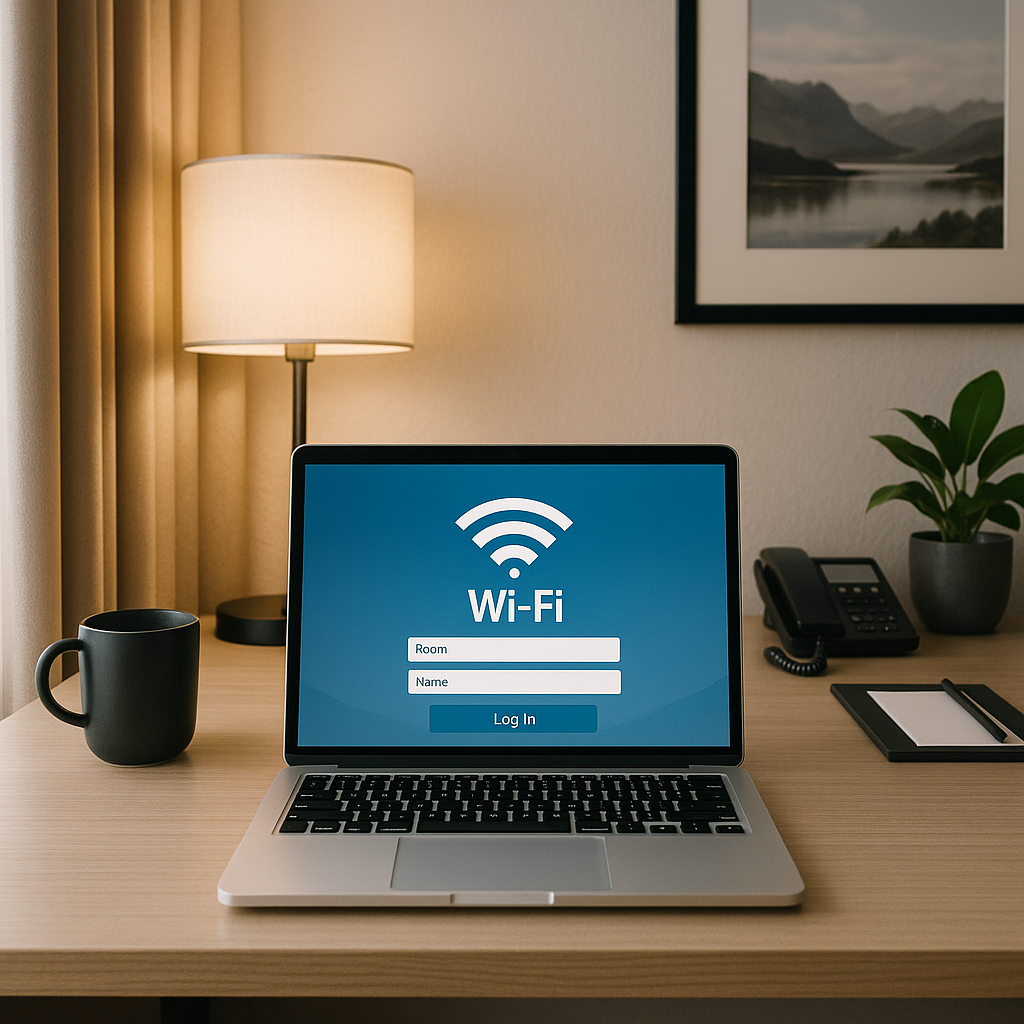 A traveler's laptop displaying a hotel WiFi login screen with terms and conditions checkbox
