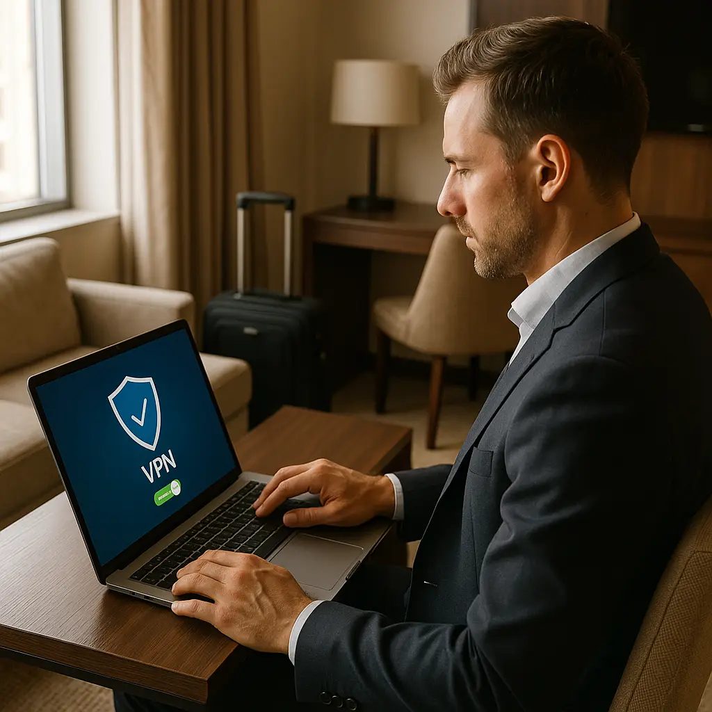 Secure connection indicator on mobile device in hotel lobby