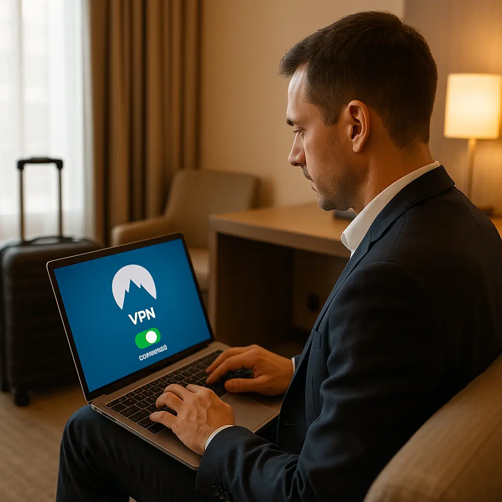 Business traveler reviewing security settings on laptop in hotel room
