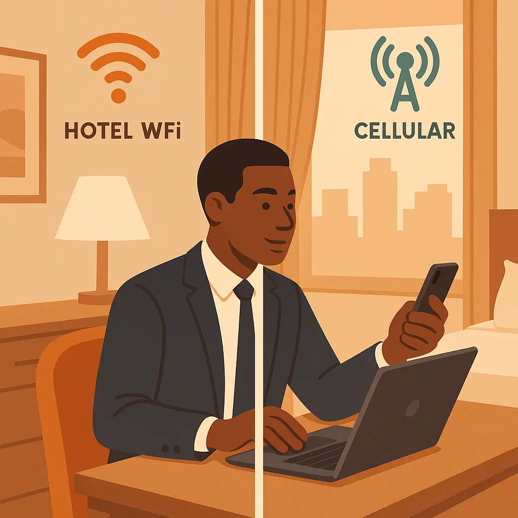 Traveler sitting in a hotel lobby with both laptop and phone, confidently using both connections appropriately