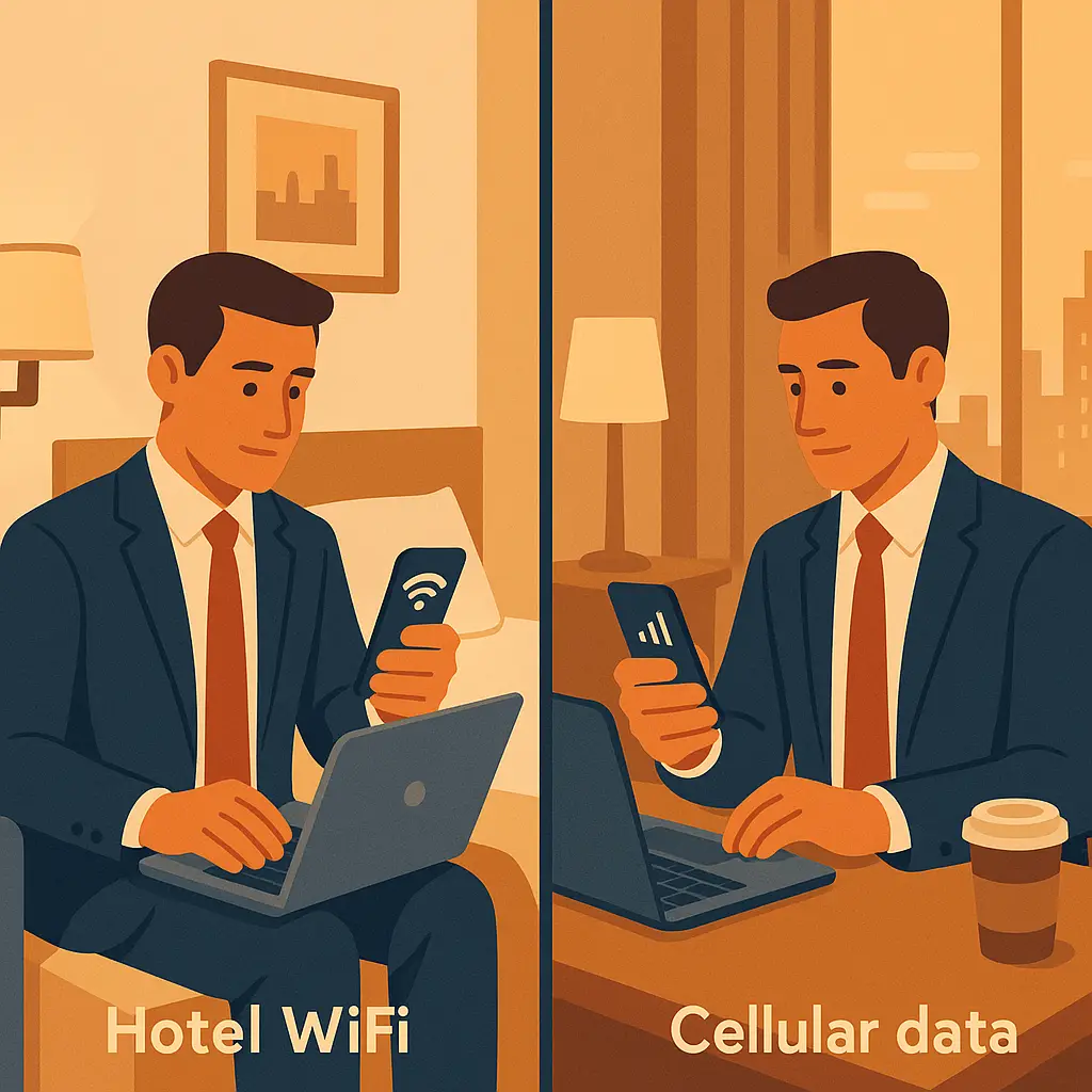 Split-screen illustration showing a hotel room with a laptop connected to WiFi on one side and a smartphone displaying cellular signal bars on the other, with a subtle question mark between them