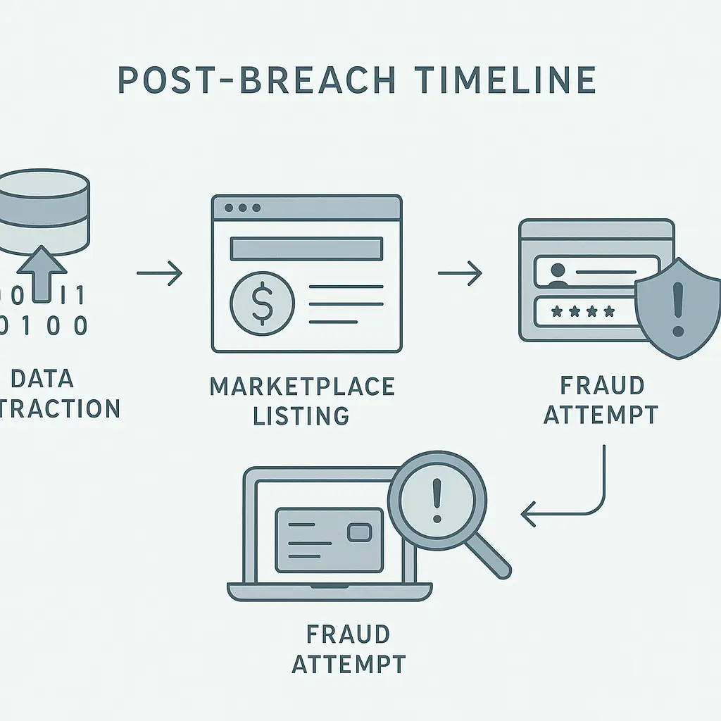 Timeline visualization showing data flowing from breach to criminal marketplace to fraud attempt
