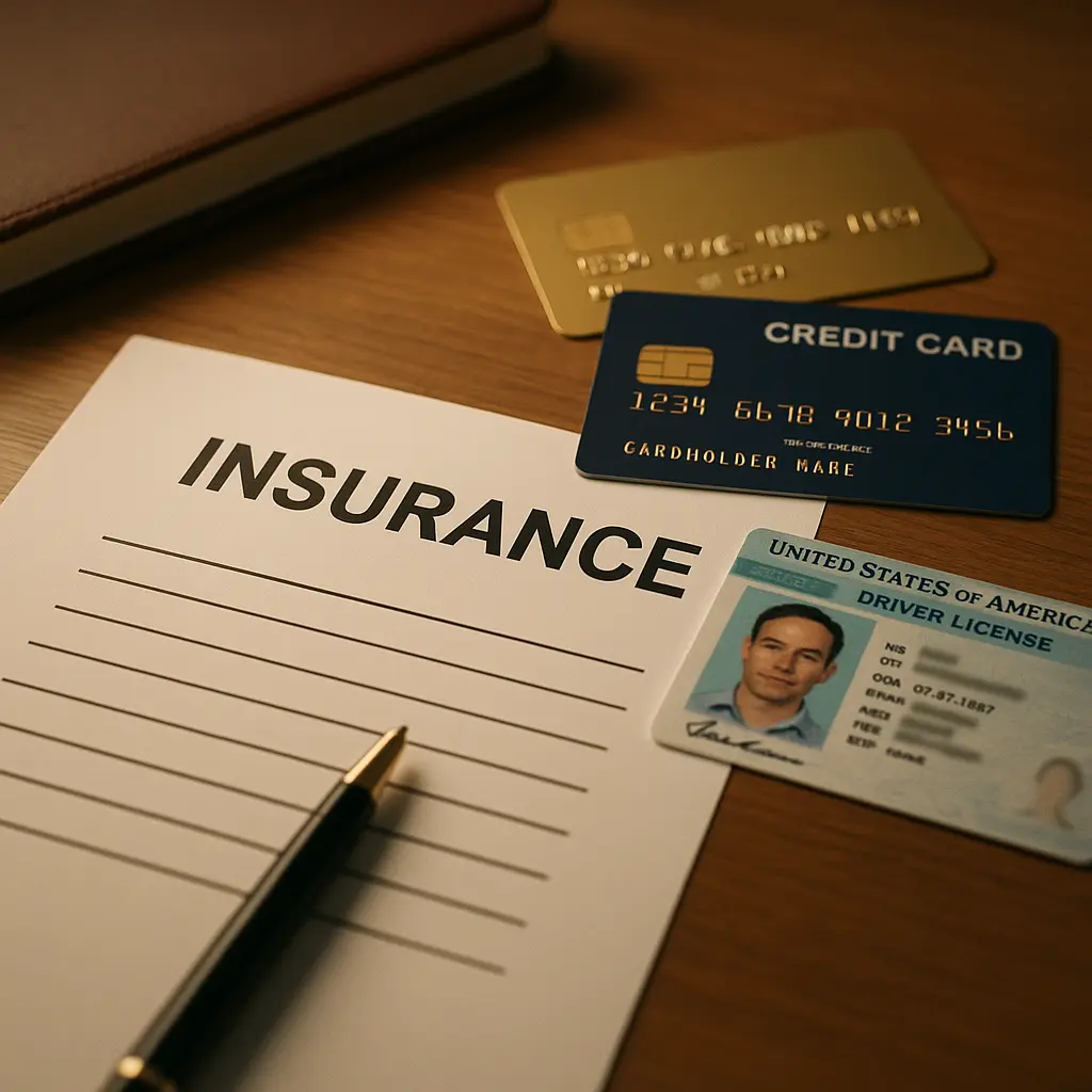 Insurance policy documents next to scattered credit cards and identity documents on a desk