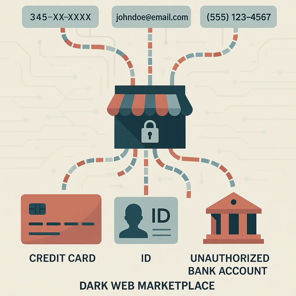 Layered defense illustration showing credit freezes, monitoring alerts, and password managers protecting personal data