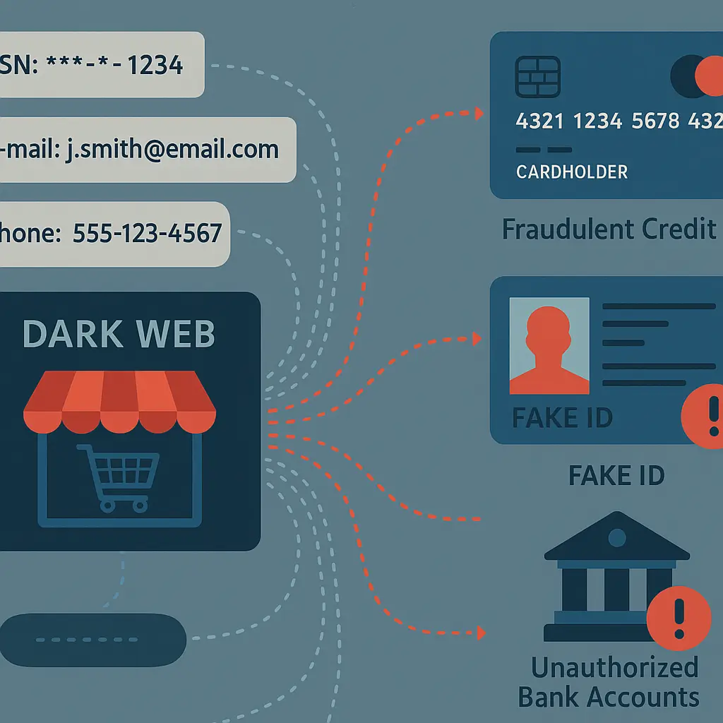 Abstract illustration showing fragmented personal data flowing into criminal marketplaces and emerging as fraudulent accounts