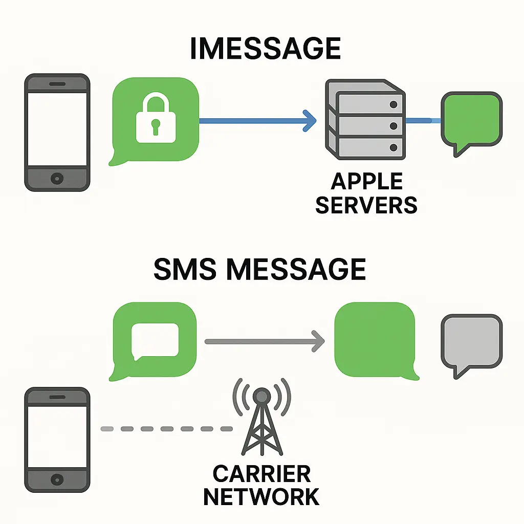 Diagram comparing encryption coverage across iMessage, SMS, and RCS messaging protocols