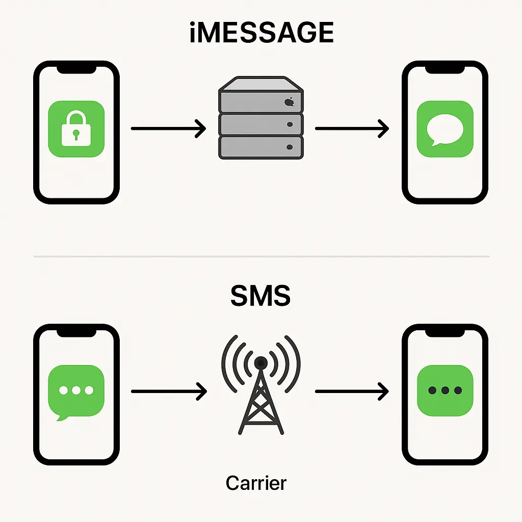 Split-screen comparison showing encrypted iMessage data flowing through Apple servers versus cleartext SMS passing through carrier infrastructure