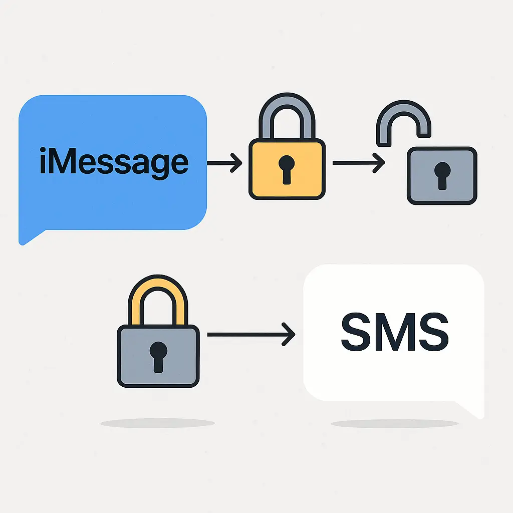 Smartphone displaying messaging app with visual indicators showing encrypted and unencrypted message types