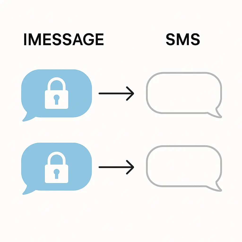 Split screen showing encrypted iMessage conversation on left and unencrypted SMS on right, with lock icons indicating security status