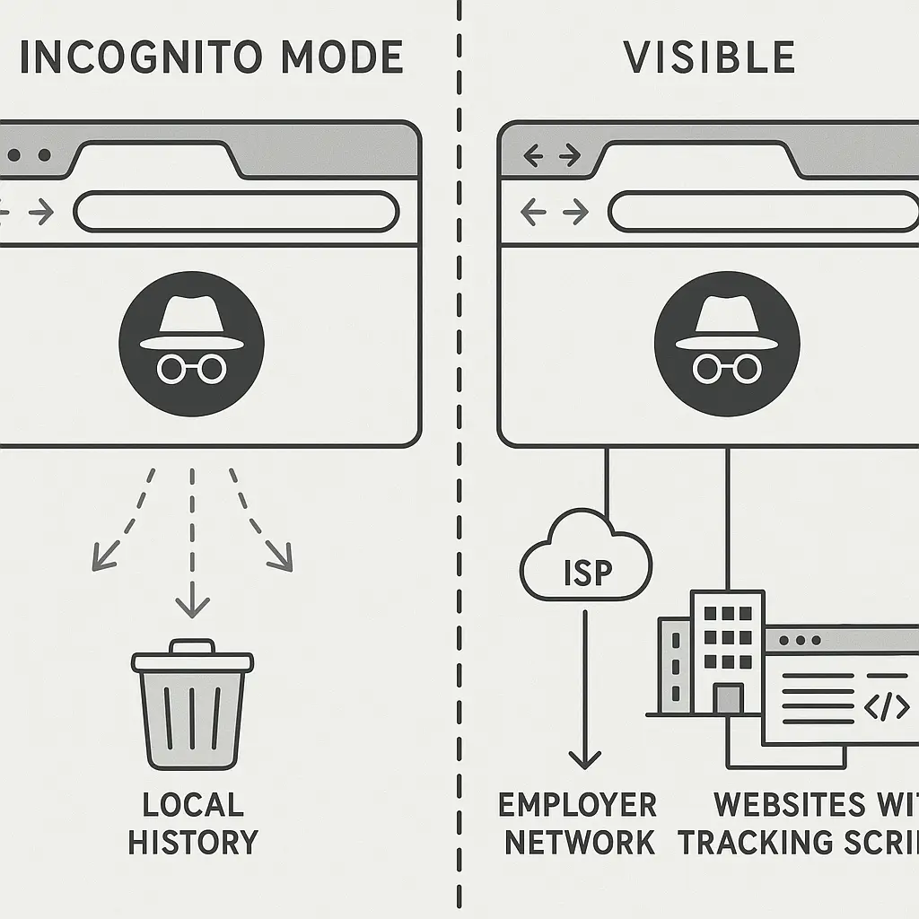 Split screen showing local device with cleared history versus external network with visible activity logs