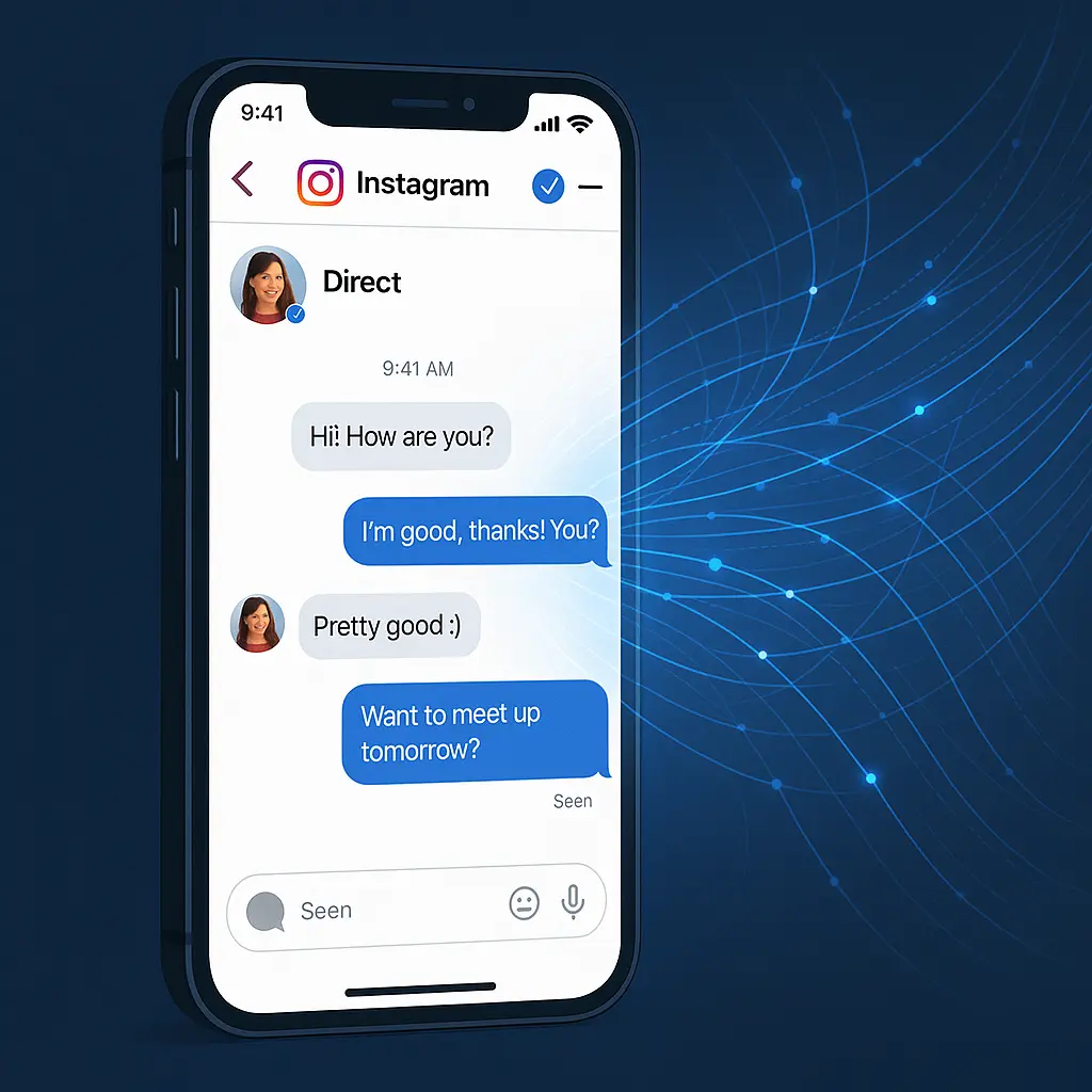 Phone screen showing Instagram DM interface with a translucent overlay suggesting visibility beyond the conversation