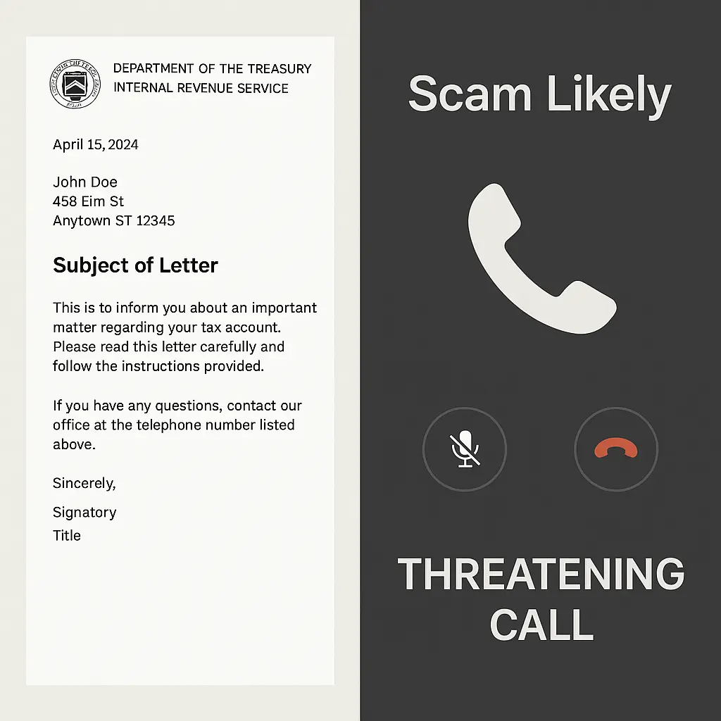 Phone displaying unknown caller ID next to official IRS logo and warning symbols