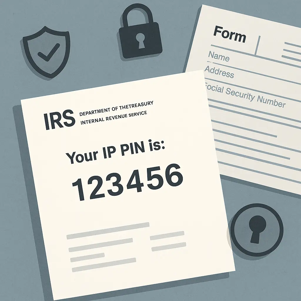 Secure lock icon overlaid on tax document with IP PIN field highlighted