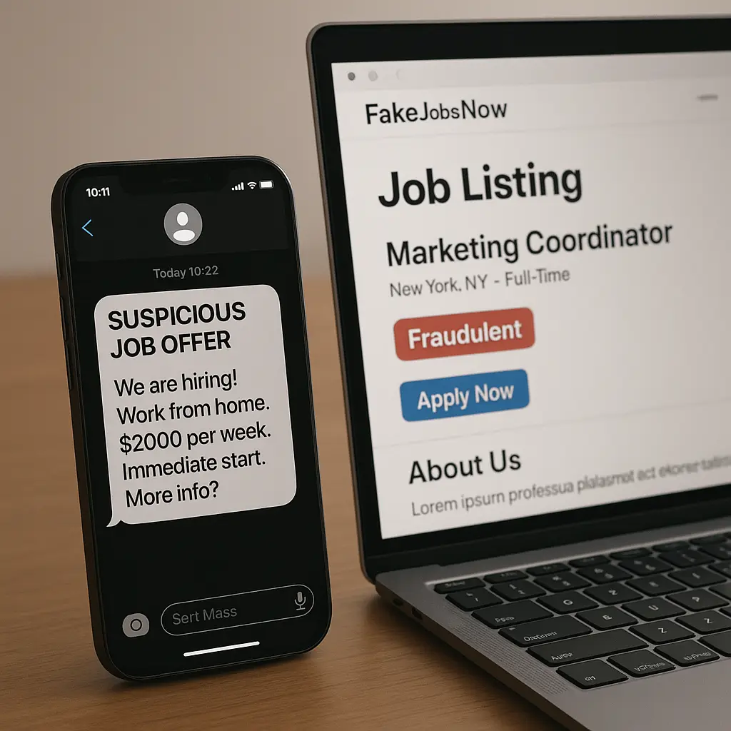 A checklist showing verification steps for job offers: company research, direct contact, official website check, and payment warning signs