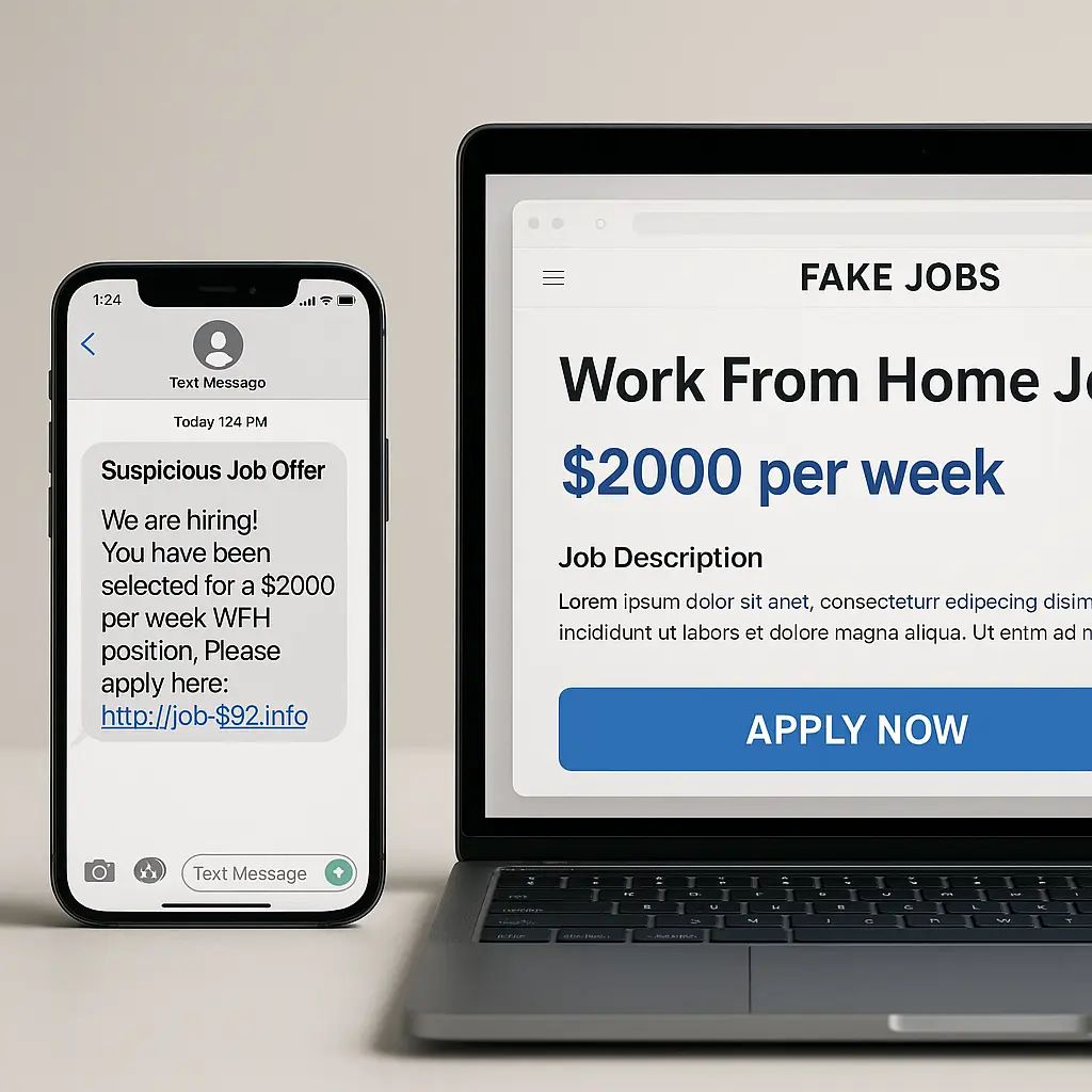 A smartphone displaying a suspicious job offer text message next to a laptop showing a fake job listing website