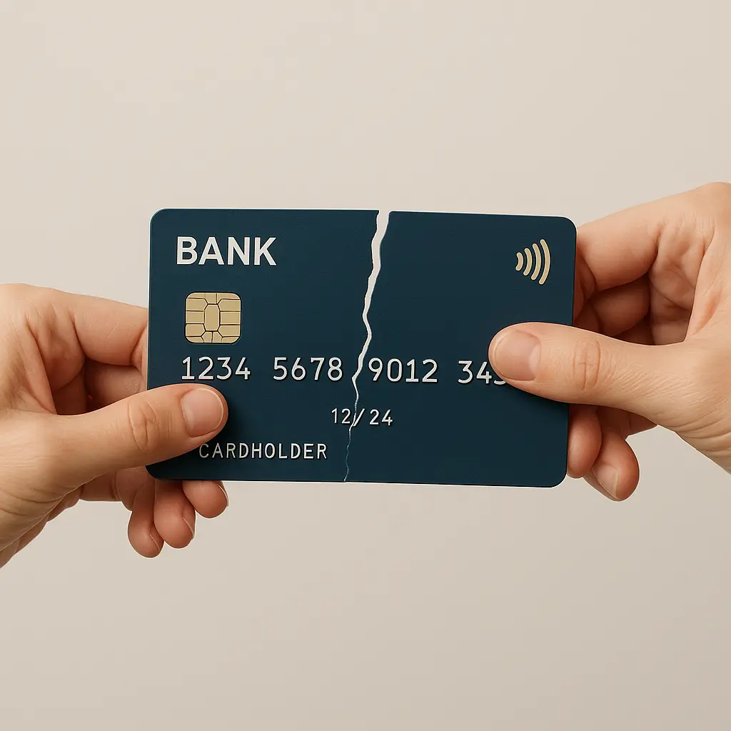 Two hands pulling apart a shared bank card, symbolizing the separation of joint financial accounts during divorce