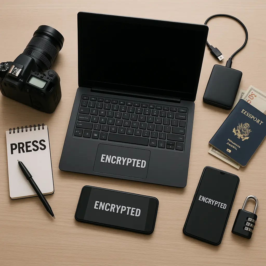 Secure workspace with encrypted laptop, hardware security key, and burner phone