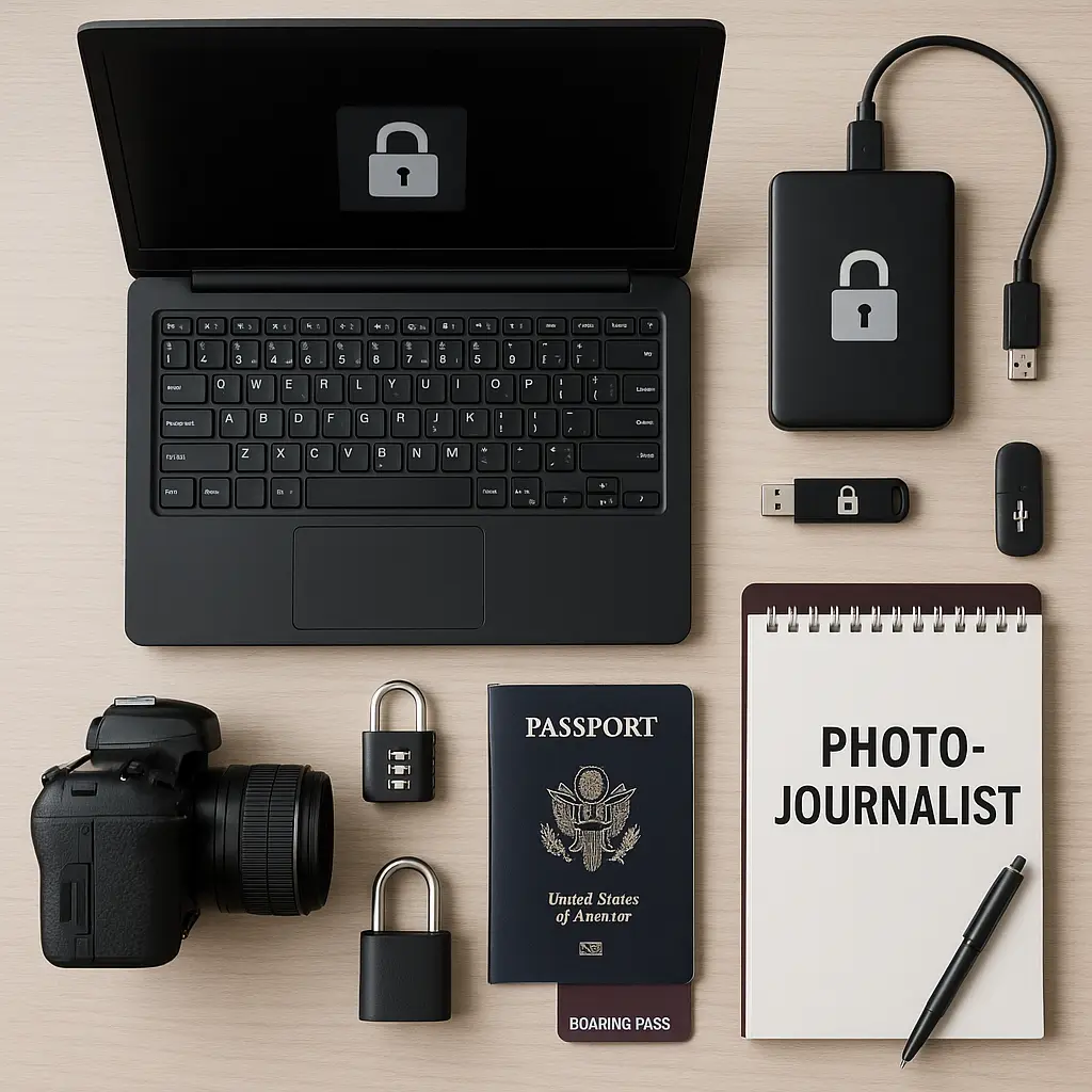 Laptop and phone with encrypted messaging app, passport, and boarding pass on airport table