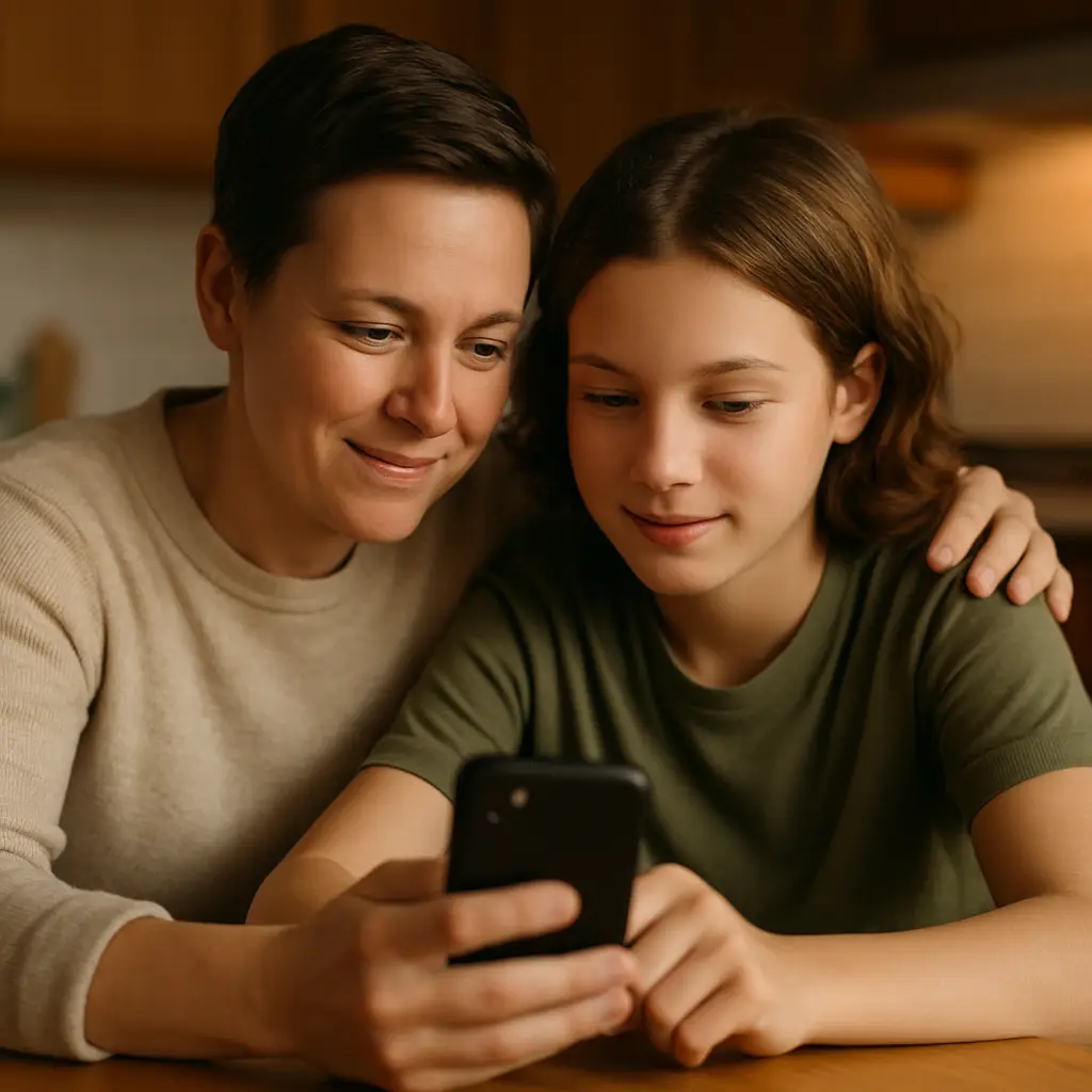 Parent and child reviewing phone screen together with supportive body language