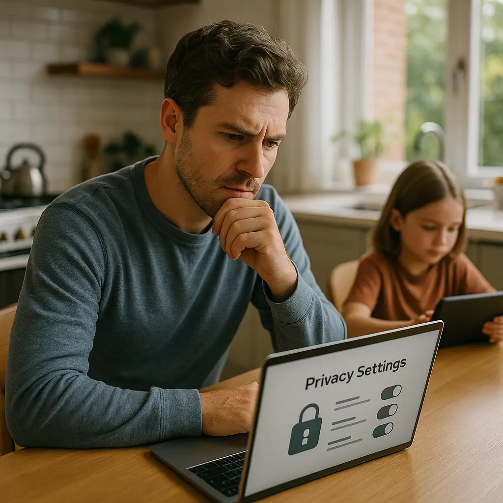 Family having a conversation about online privacy at the kitchen table