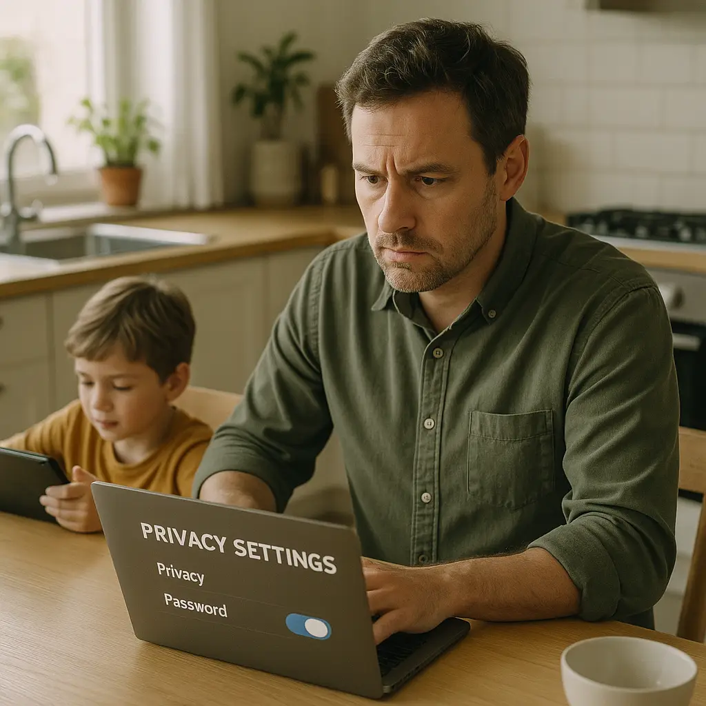 Parent reviewing privacy settings on a tablet with a child nearby