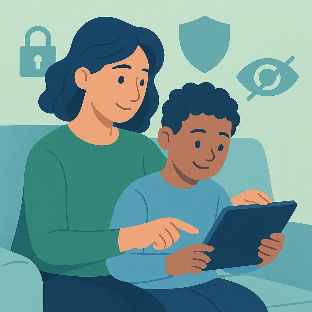 Parent and child reviewing device settings together