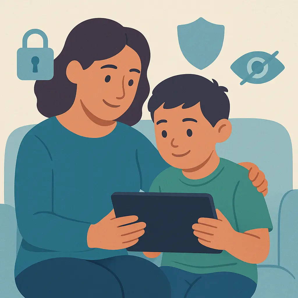 Child using tablet with privacy icons overlay
